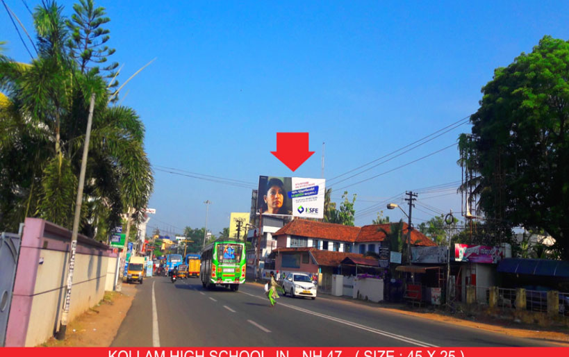 Hoarding rate list, Town – Kollam, Location – High School Jn, Kollam Town, Opp Brothers Shopping Mall Kollam (Towards Alappuzha), Lit/Non Lit – Non Lit, Size : 45 X 25, Rate Per Month : 25,000 Rate For 6 Months : 1,37,500 Rate For 1 Year : 2,50,000