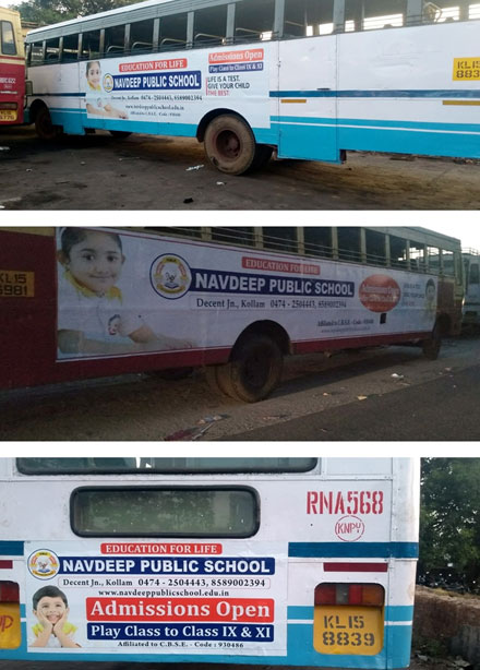 Bus panel Advertisement price list, Town – Kollam, Location – K.S.R.T.C. BUS PANEL ADVERTISEMENTS, Kollam District, Lit/Non Lit – Non Lit, Size : Driver Side Panel Size : 26 ft X4 ft instead of 22 ft x 2.5ft, Door Side Panel Size : 15 ft x 4 ft instead of 15ft X 2.5ft, Back Panel Size : 4.5ft X 2ft, Inside : 4 ft x ¾ ft Full bus (3 Sides) per month - 5-10 buses - Rs. 13,750  per bus, 11-25 buses - Rs. 13,250  per bus, 26-50 buses - Rs. 12,750  per bus, 51-100 buses - Rs. 12,250  per bus. Full bus (3 Sides) per 2 months - 5-10 buses - Rs. 13,250  per bus, 11-25 buses - Rs. 12,750  per bus, 26-50 buses - Rs. 12,250  per bus, 51-100 buses - Rs. 11,750  per bus. Full bus (3 Sides) per 3 months - 5-10 buses - Rs. 12,750  per bus, 11-25 buses - Rs. 12,250  per bus, 26-50 buses - Rs. 11,750  per bus, 51-100 buses - Rs. 11,250  per bus.