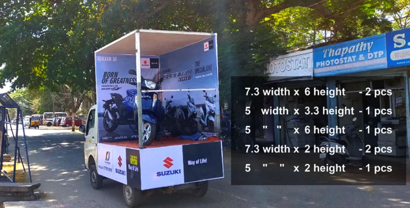 Mobile roadshow rates per day, Location – All over Kerala, Mobile Display Roadshow Advertisement, Wall size: 7.3x6 (2Pieces), 5x3.3 (1Piece), 5x6 (1Piece), 7.3x2 (2Pieces), 5x2 (1Piece), Rate Per Day : 3,000/ -