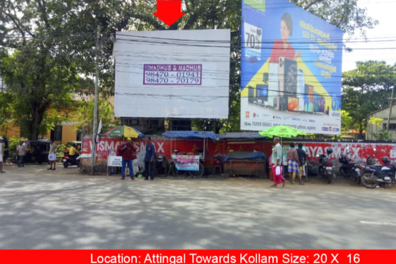 Hoarding rate list, Town – Thiruvananthapuram, Location – Attingal, Towards Kollam, Lit/Non Lit –  Non Lit, Size - 20 X 16 ft, Rate Per Month: Rs. 7,000, Rate For 6 Months: Rs. 38,500, Rate For 1 Year: Rs. 70,000