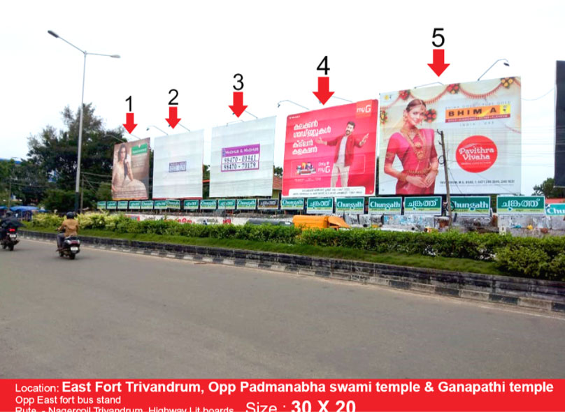 Hoarding branding rate list, Town – Thiruvananthapuram, Location – East Fort Bus Stand, Lit/Non Lit –  Lit, Rate per month – Size - 30 X 20 ft - Rs. 40,000, Size 30 X 20 ft - Rs. 35,000, Size 30 X 20- Rs. 35,000, Size 30 X 20 - Rs. 35,000, Size 30 X 20 - Rs: 35,000.