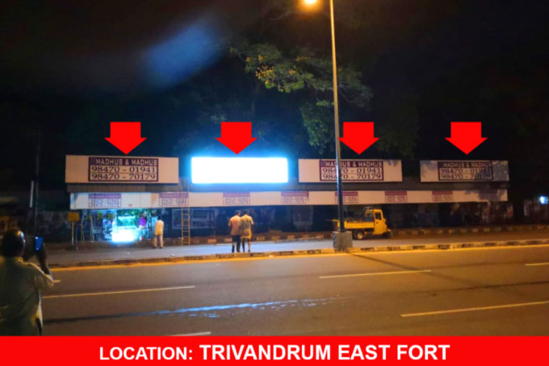 BUS STAND LIT BOARD rates, Town – Thiruvananthapuram, Location – Bus Shelter, East  Fort Kovalam Bus Stand, Near Sree Padmanabha Swami Temple Entrance, Lit/Non Lit –  Lit, Size: 20 X 5 ft (2 Boards), Size: 25 X 5 ft (2 Boards), Rate Per Month: Rs. 20,000 Per Board.